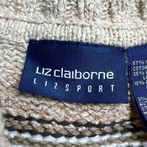 90s Vintage Liz Claiborne Cozy Beige Cable Knit Cardigan Shawl Collar Small - Picture 2 of 7